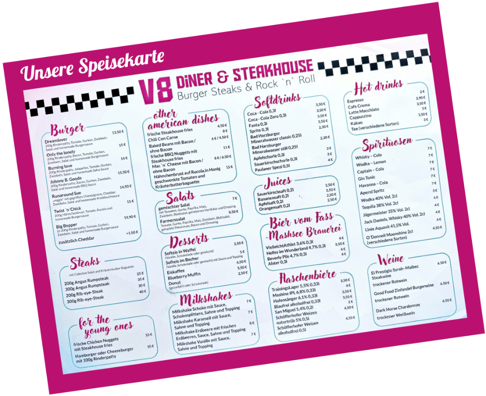 V8 Diner Speisekarte Vorschau