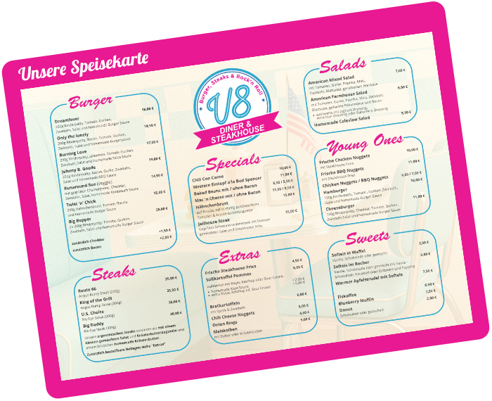 V8 Diner & Steakhouse - Speisekarte 2026