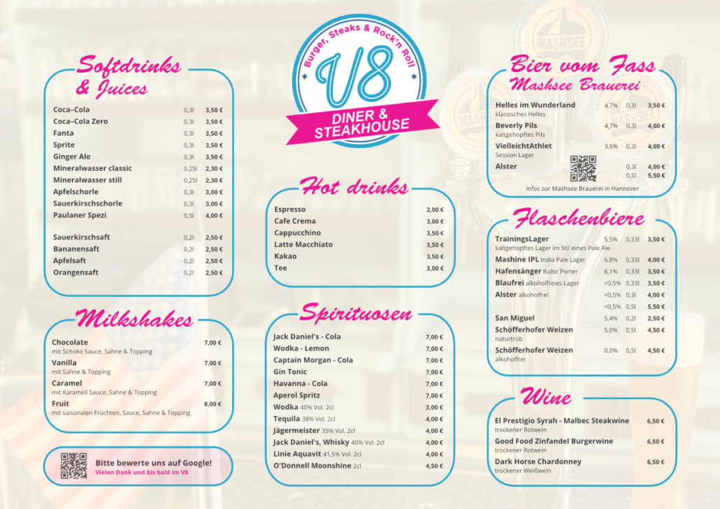 V8 Diner & Steakhouse - Getränkekarte 2026 V8 Diner & Steakhouse - Getränkekarte 2026